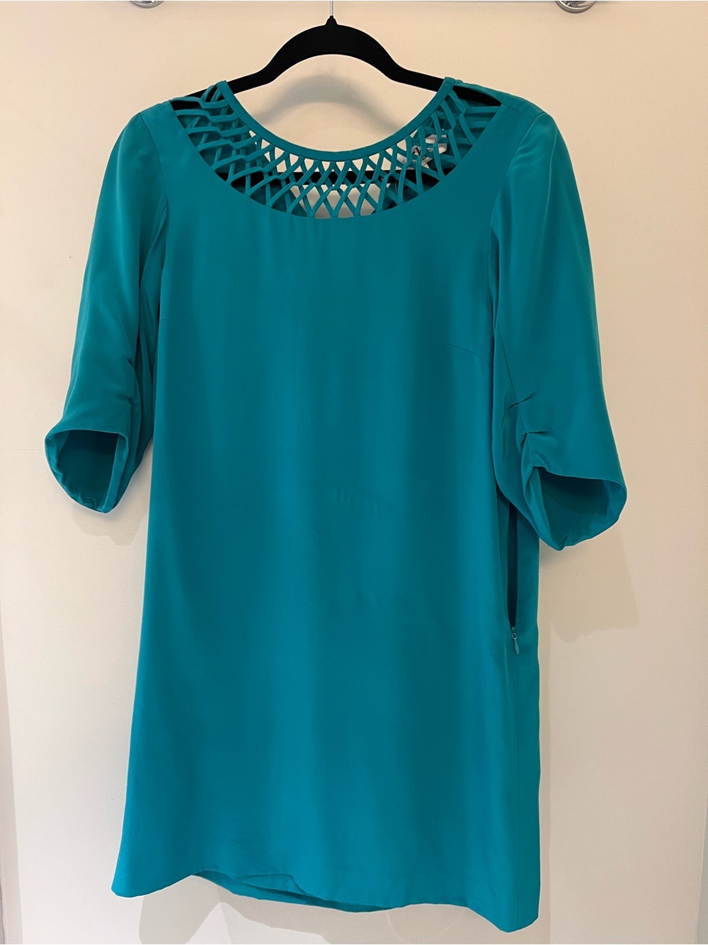 Tibi Teal Lattice Neck Tunic Dress